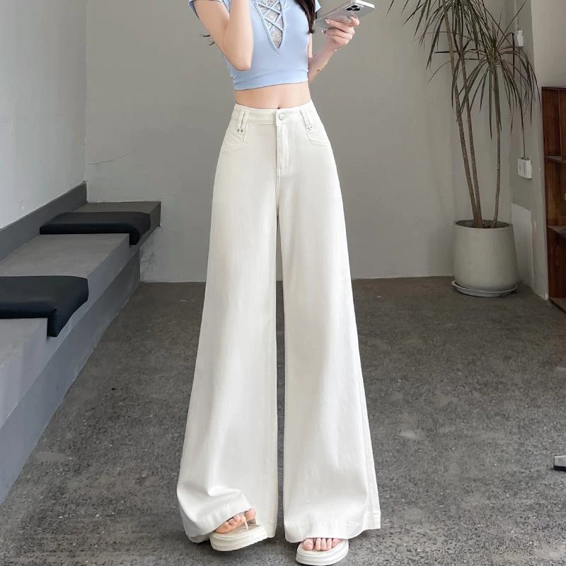 超火白色气质阔腿软牛仔裤女夏季宽松弹力小个子不吸腿冰丝拖地裤