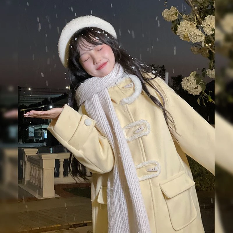 温柔奶黄毛呢外套女2025冬季新款减龄牛角扣中长款学院风呢子大衣