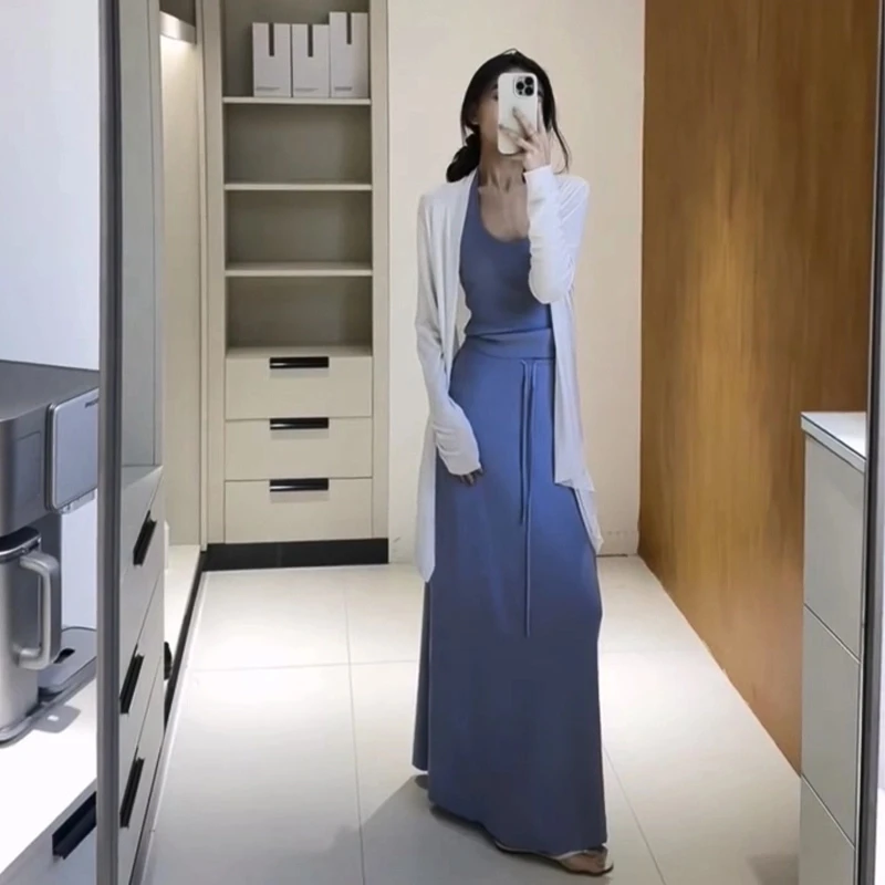 韩系穿搭宽松防晒开衫挂脖针织上衣高腰系带半身裙    80619