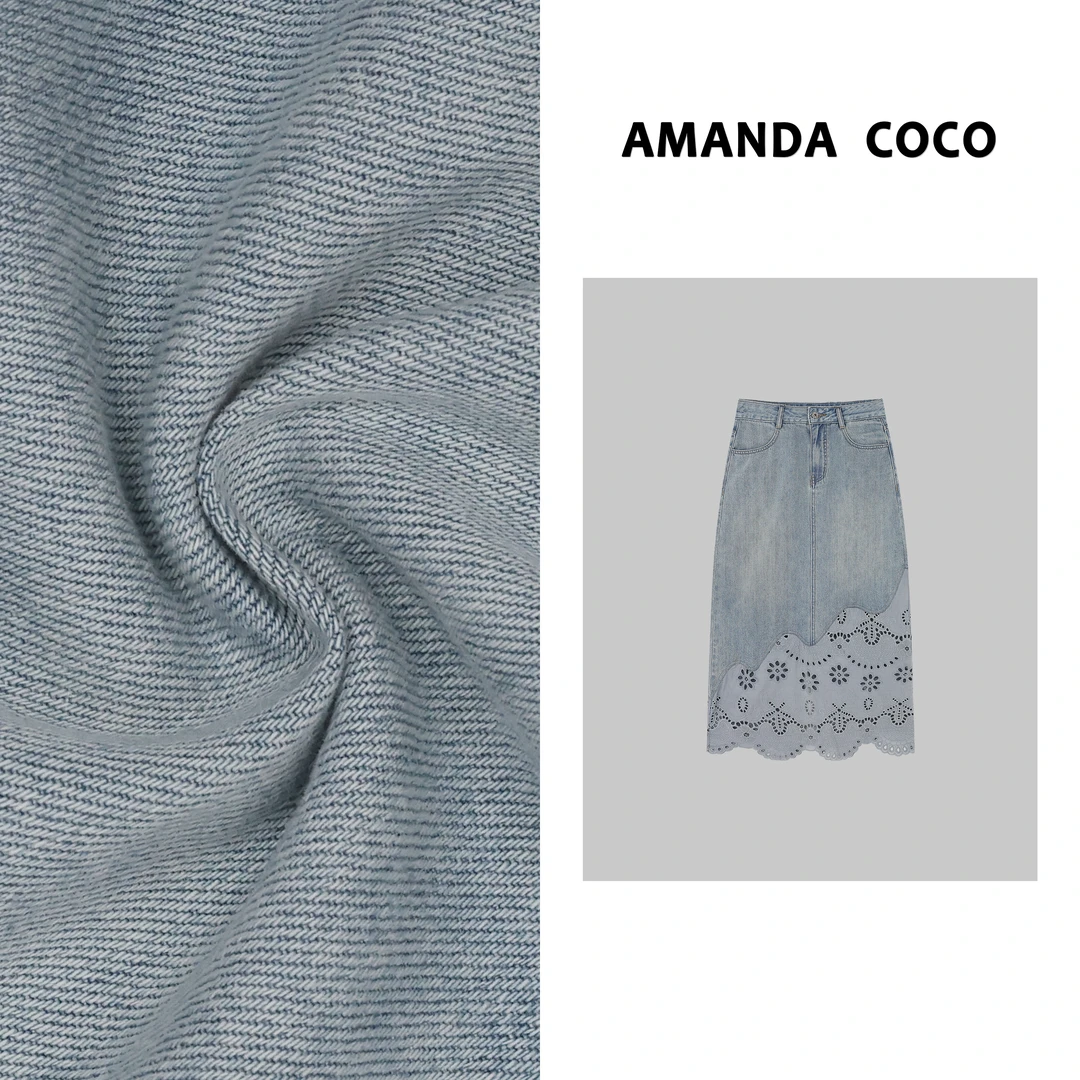 AMANDACOCO茜茜丨蓝调音符～高腰镂空刺绣花朵拼接显瘦牛仔半裙