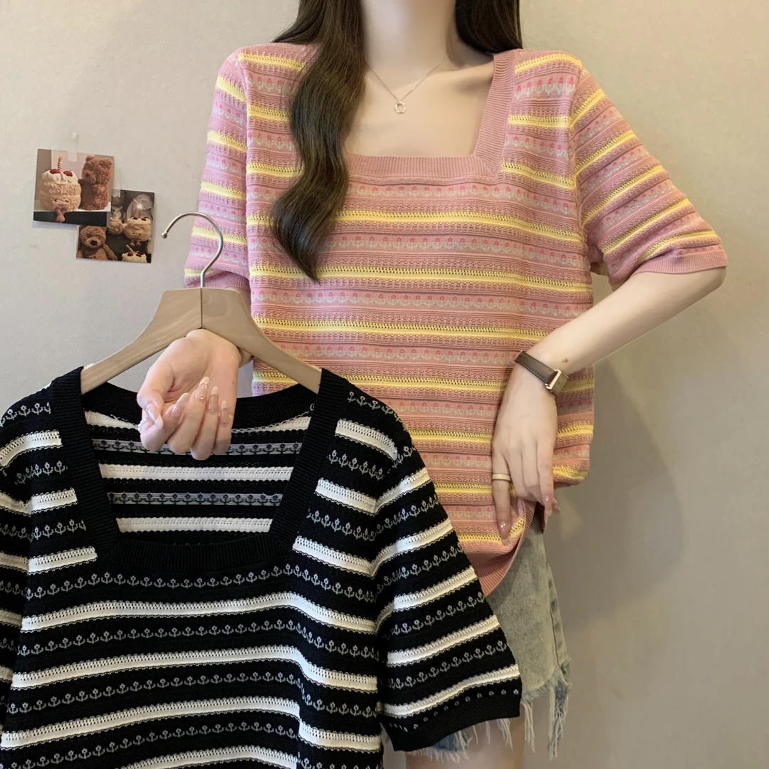 2025夏新款胖MM大码方领撞色条纹针织衫宽松显瘦短袖T恤上衣6001