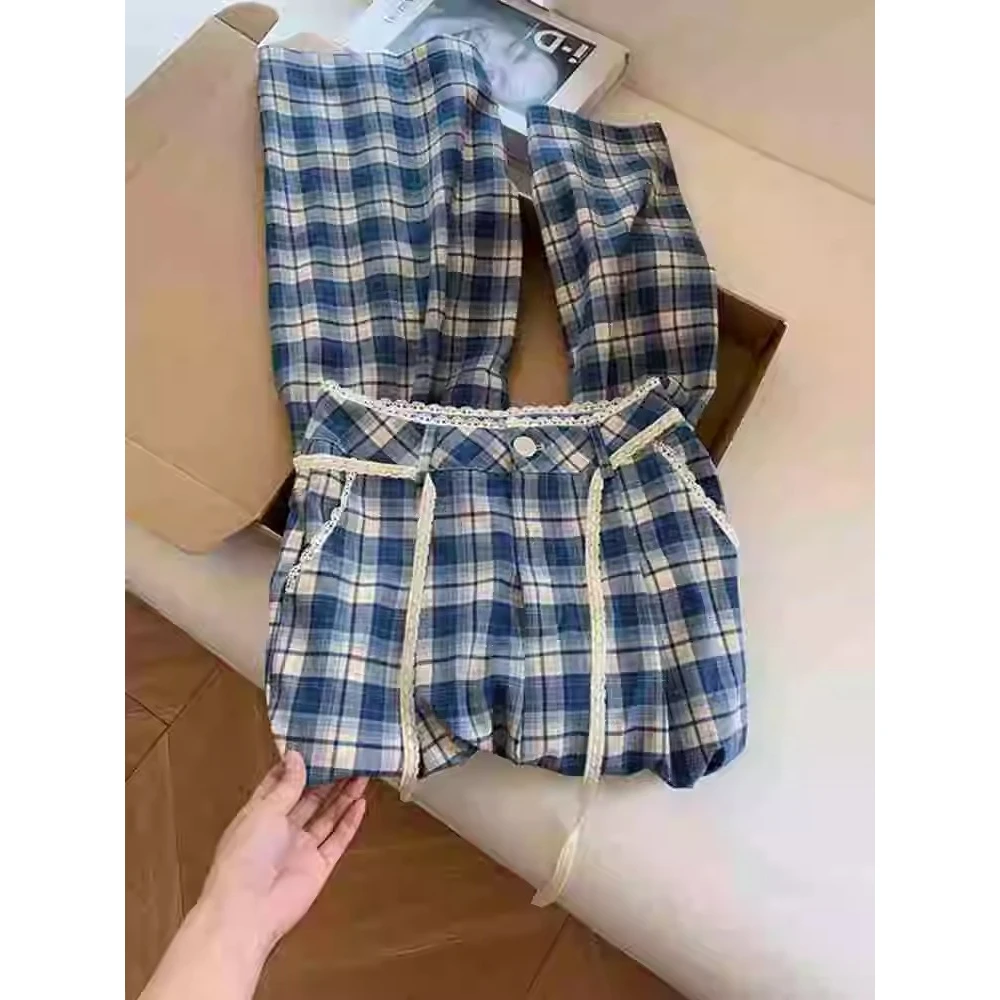 蕾丝花边蓝色格子高腰阔腿休闲裤女长裤子垂坠感宽松bf慵懒风春夏