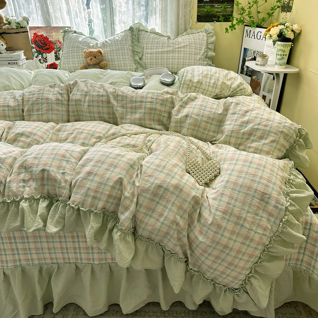 法式公主风床盖四件套2026新款绿色少女花边被套床单床裙式三件套