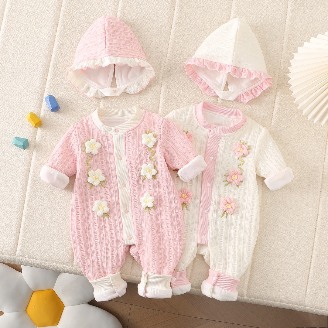 新款公主风长袖女爬服连体哈衣女宝幼儿毛线六朵小花带帽花边哈衣