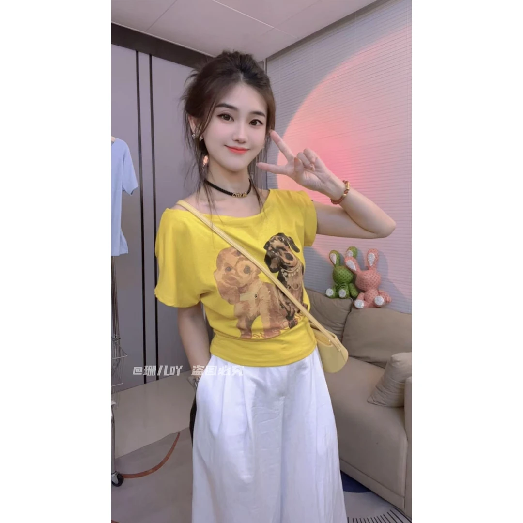 韩国东大门夏新款美式修身显瘦卡通印花一字肩短袖T恤女斜领上衣