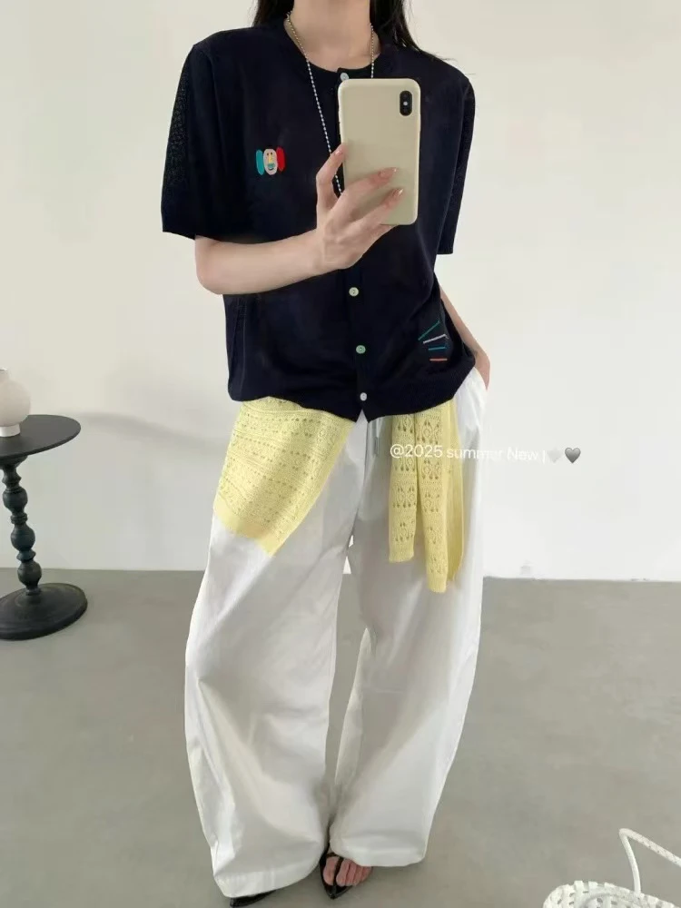 夏季新款时尚百搭圆领卡通刺绣短袖针织开衫女宽松显瘦上衣1816