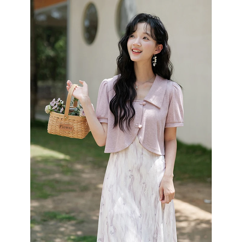 木易易 紫色假两件碎花连衣裙女法式浪漫温柔风夏日独特漂亮长裙