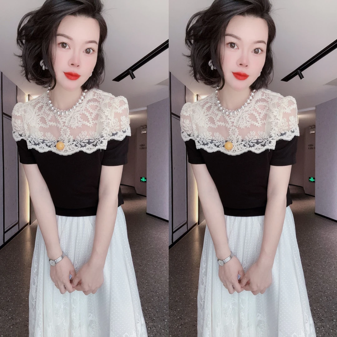 【小韩家】欧货2025新款肩膀绣花蕾丝短袖