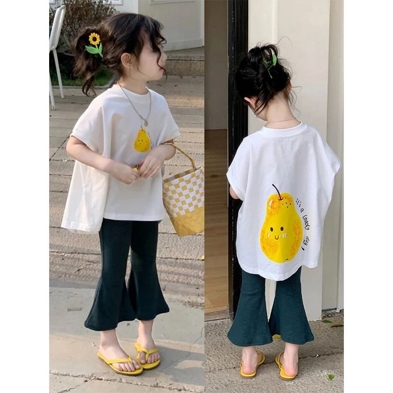 韩版女童水果短袖套装2025新款夏装孔雀蓝喇叭裤宝宝衣服夏季薄款