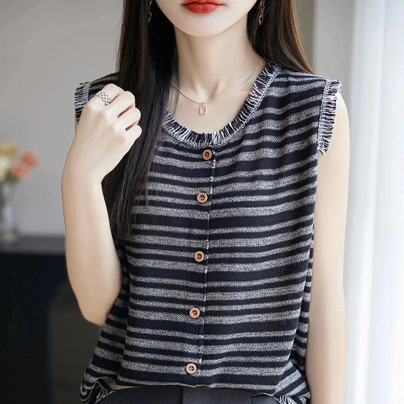 短款开衫款百搭打底衫毛针织衫无袖气质夏季包袖薄款条纹大码大码