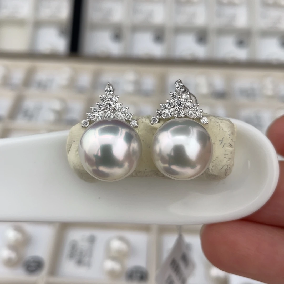 定制海水珍珠银S925镶嵌耳饰宝石光正圆澳白12-13mm