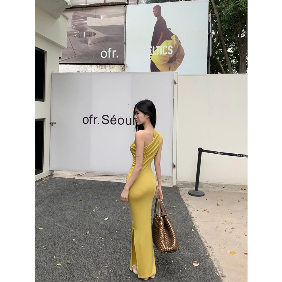 实拍实价~法式气质名媛斜肩包臀裙女春夏季高级感修身开叉长裙