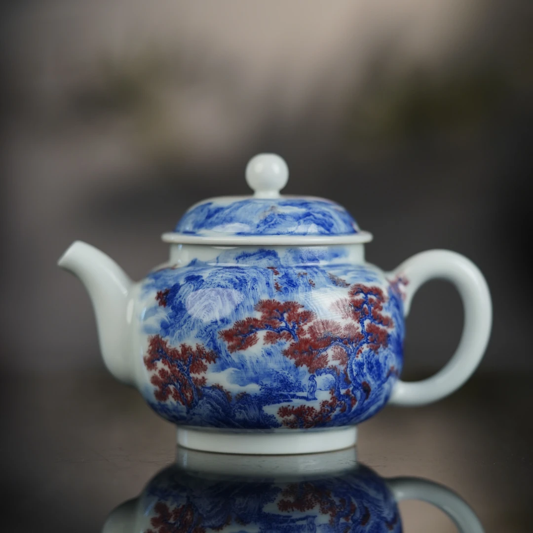 （精选）云山片玉青花釉里红山水茶壶景德镇陶瓷高端茶具
