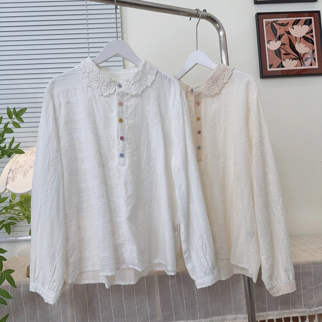 日系蕾丝娃娃领衬衫糖果色纽扣翻领减龄长袖衬衫