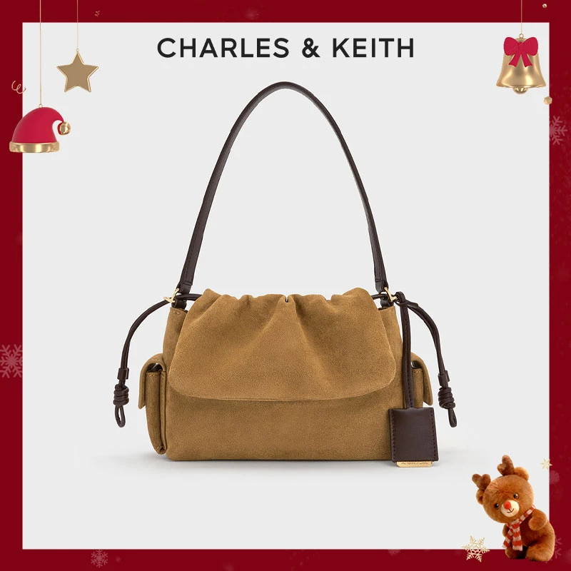 CHARLES & KEITH【明星同款】琥珀风抽绳翻盖手提斜跨包20671785-1