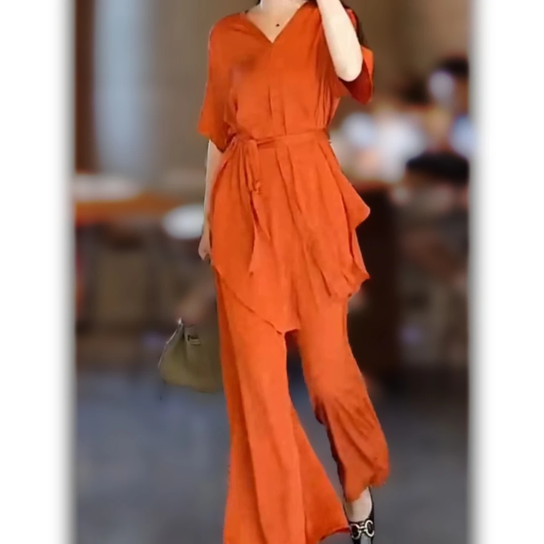 大码女装短袖系带不规则中长款阔腿裤时尚两件套装女夏季