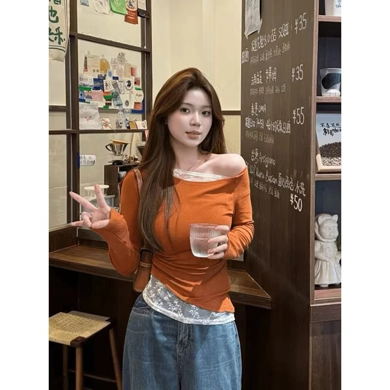 【苹果现货清清】XQ2262秋季新款拼接蕾丝斜肩上衣