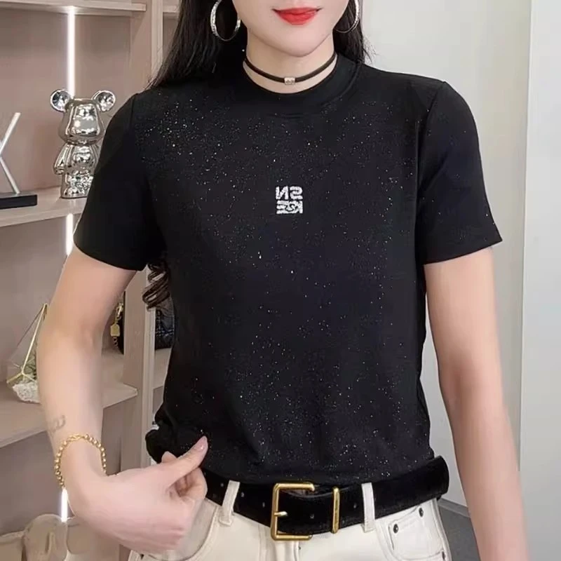 圆领短袖T恤女2025夏季新款韩版时尚亮片字母洋气百搭显瘦上衣潮