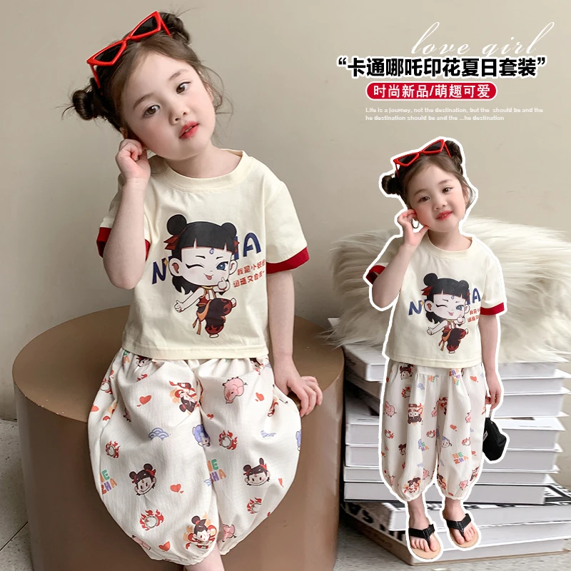 女童夏季套装2025新款儿童洋气薄款女孩夏季哪吒短袖防蚊裤两件套