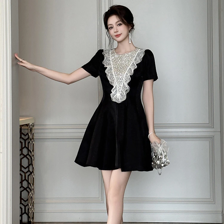 夏季法式重工镶钻气质名媛收腰显瘦时尚高级感优雅连衣裙65347