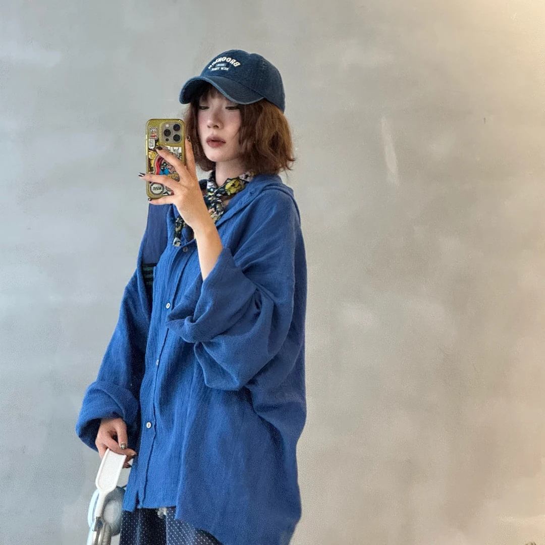 韩国衬衫衬衣长袖牛仔蓝色休闲百搭宽松中长款 棉衬衫长款