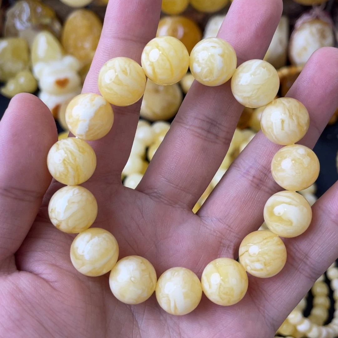 未镶嵌琥珀手串14+俄料浓蜡虎皮妖白花圆珠手串