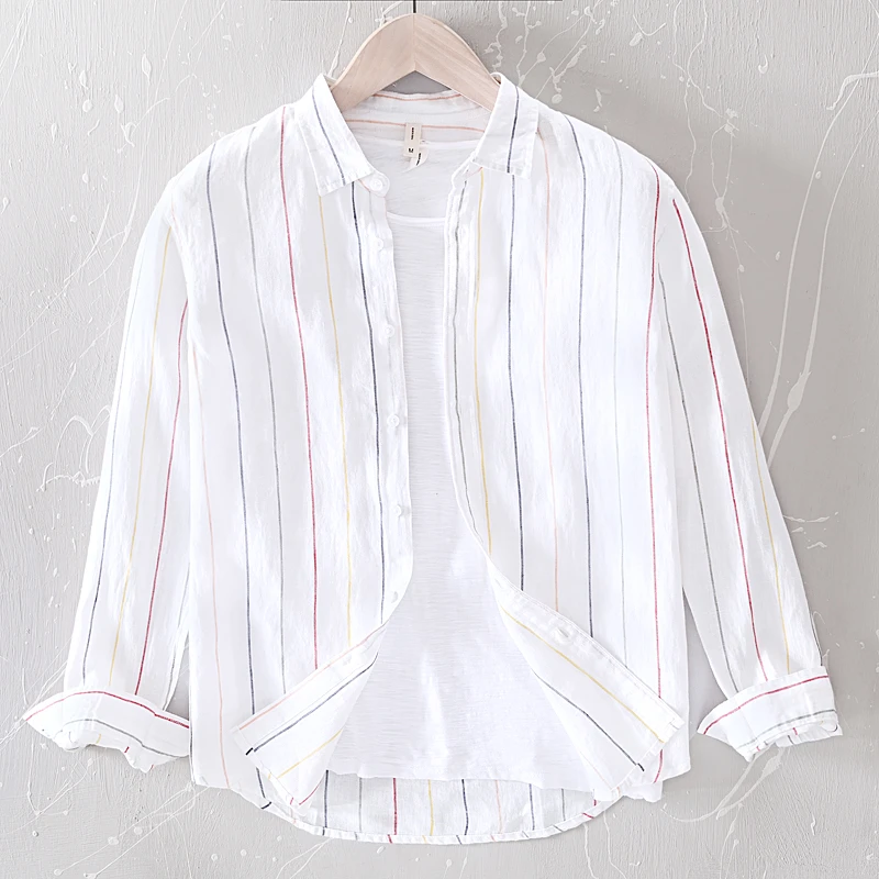 春秋新款百搭高级感亚麻衬衣男士休闲不规则五彩条纹长袖衬衫男款