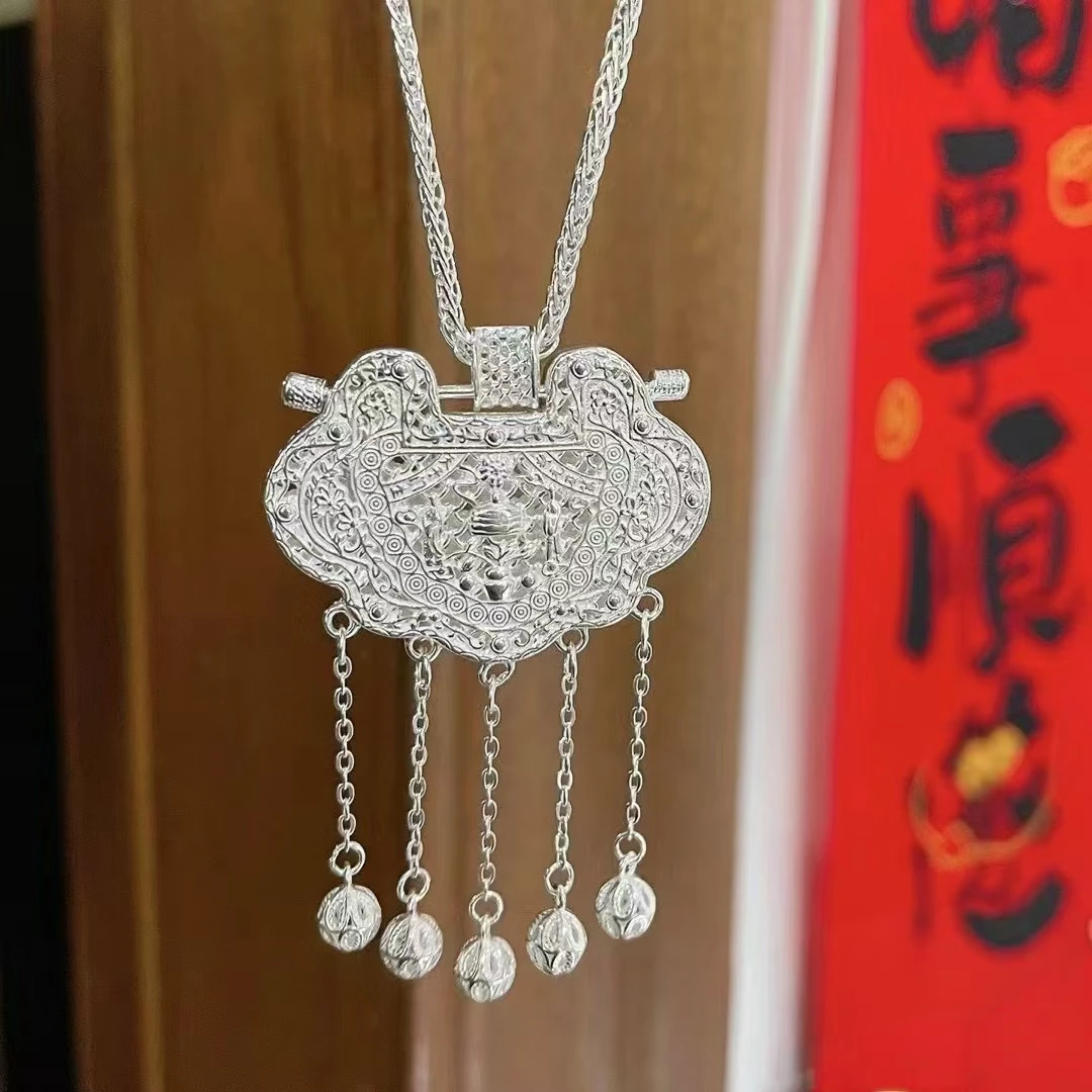 吊坠足银 足银天子门生银锁花丝吊坠龙凤平安锁时尚女送礼物