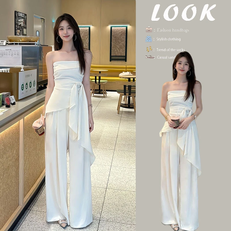 夏季温柔系穿搭女2025新款时尚绑带设计抹胸上衣休闲阔腿裤两件套