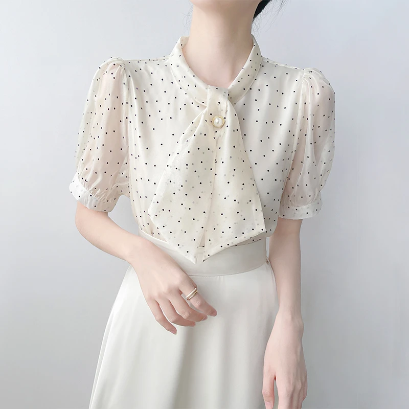 H11短袖波点领结飘带衬衫女夏季新款时尚衬衫女2025新款爆款洋气