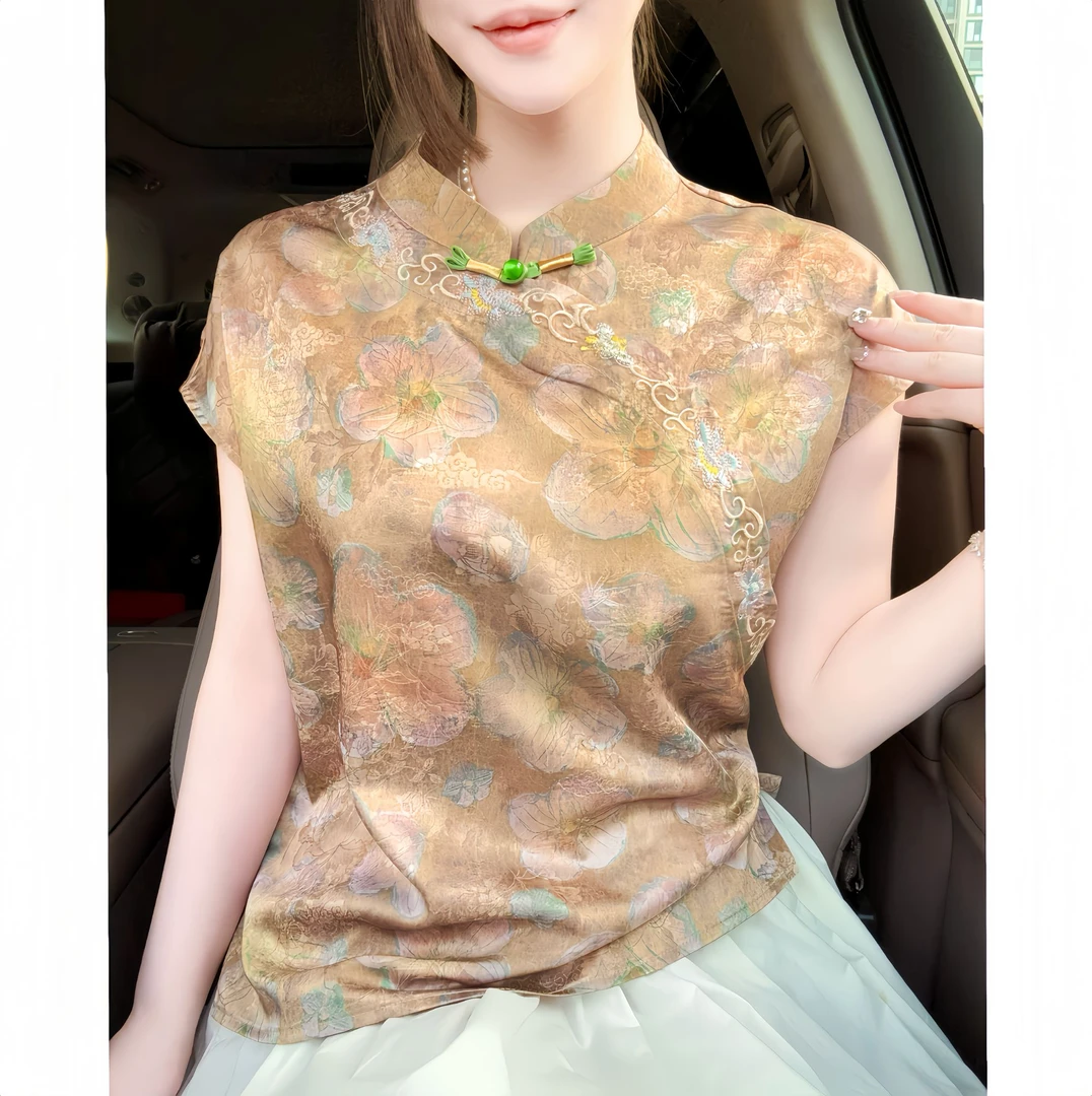 【苏止兰】短袖显瘦飞飞袖宽松型复古时尚气质T恤立领新中式夏季