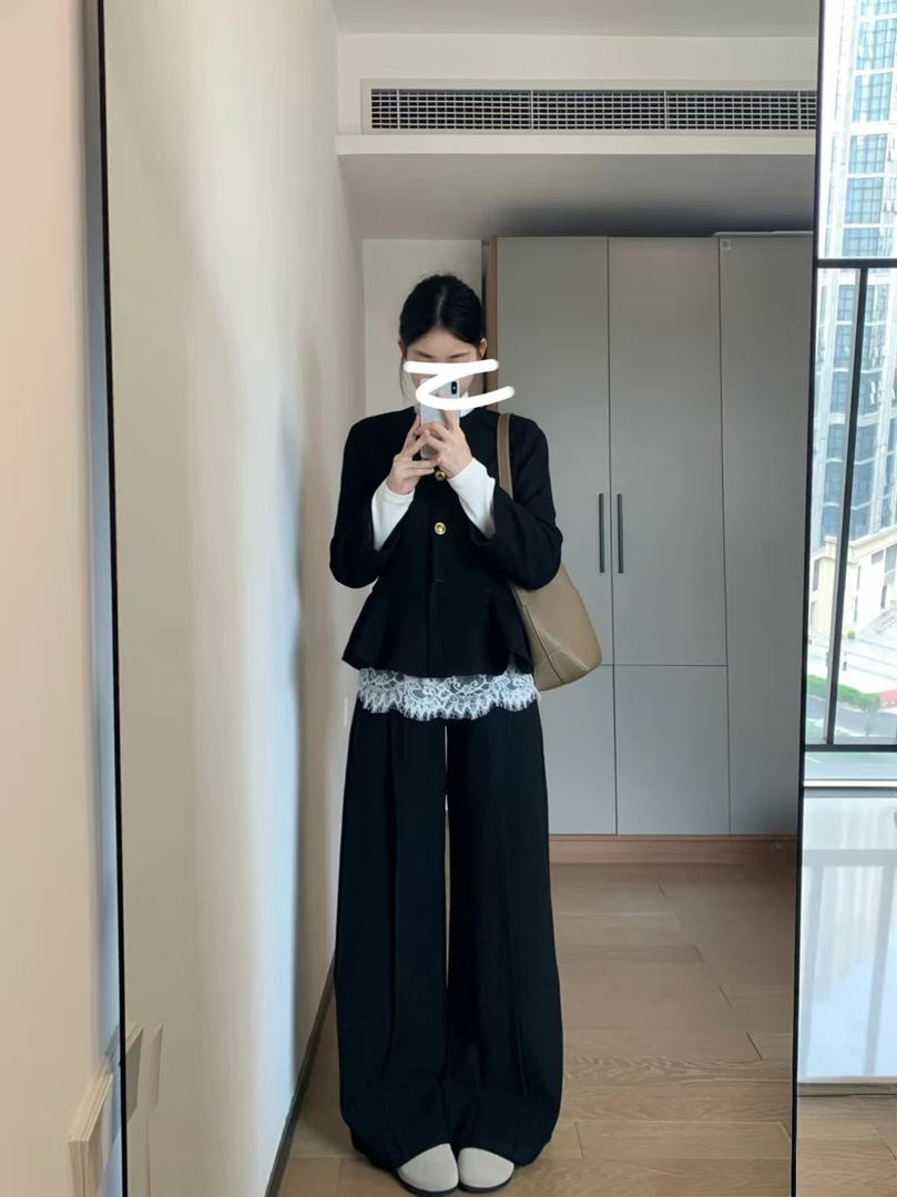 黑色秋冬新大码小香呢子套装➕蕾丝边内搭收腰显瘦高级气质三件套