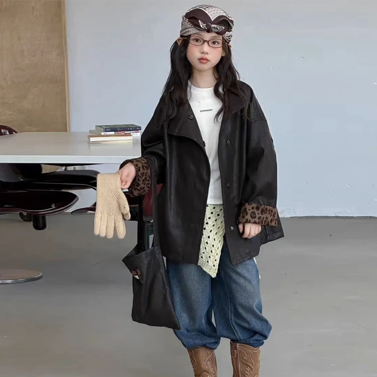 女童皮衣秋装外套爆款2025新款洋气女孩高级感韩版又酷又飒上衣潮