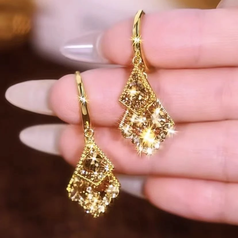 2025新款高级感咖色满钻几何双层菱形耳环气质潮时尚百搭耳饰