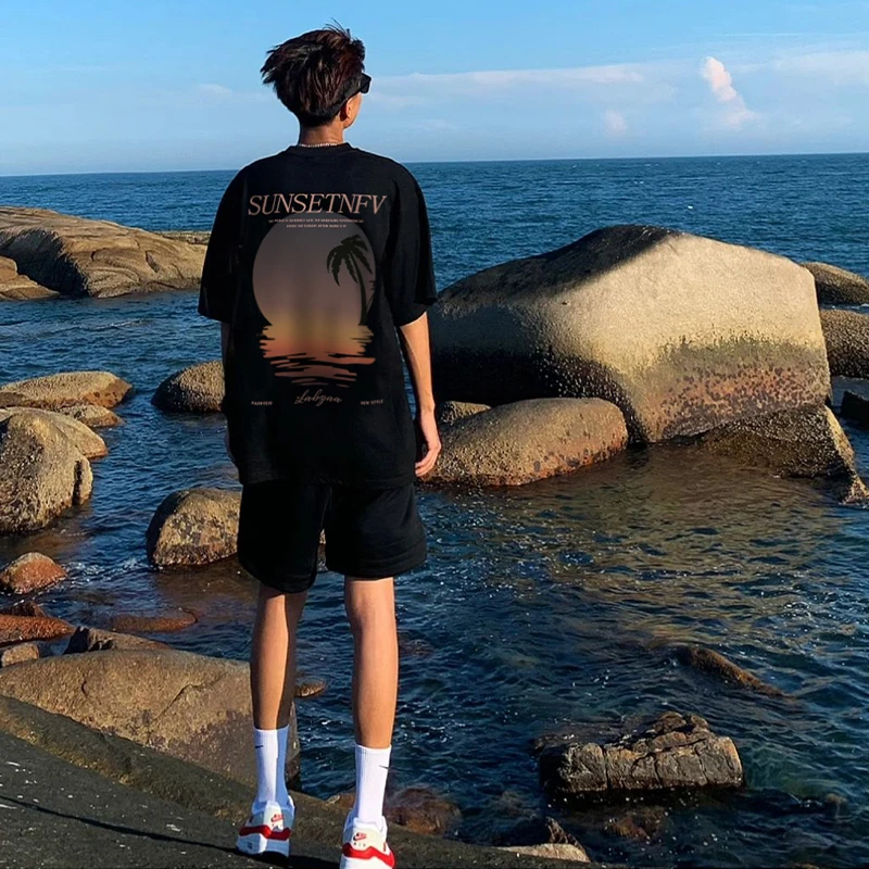 欧美式街头日落印花短袖t恤男夏季ins国潮牌宽松oversize棉纯上衣