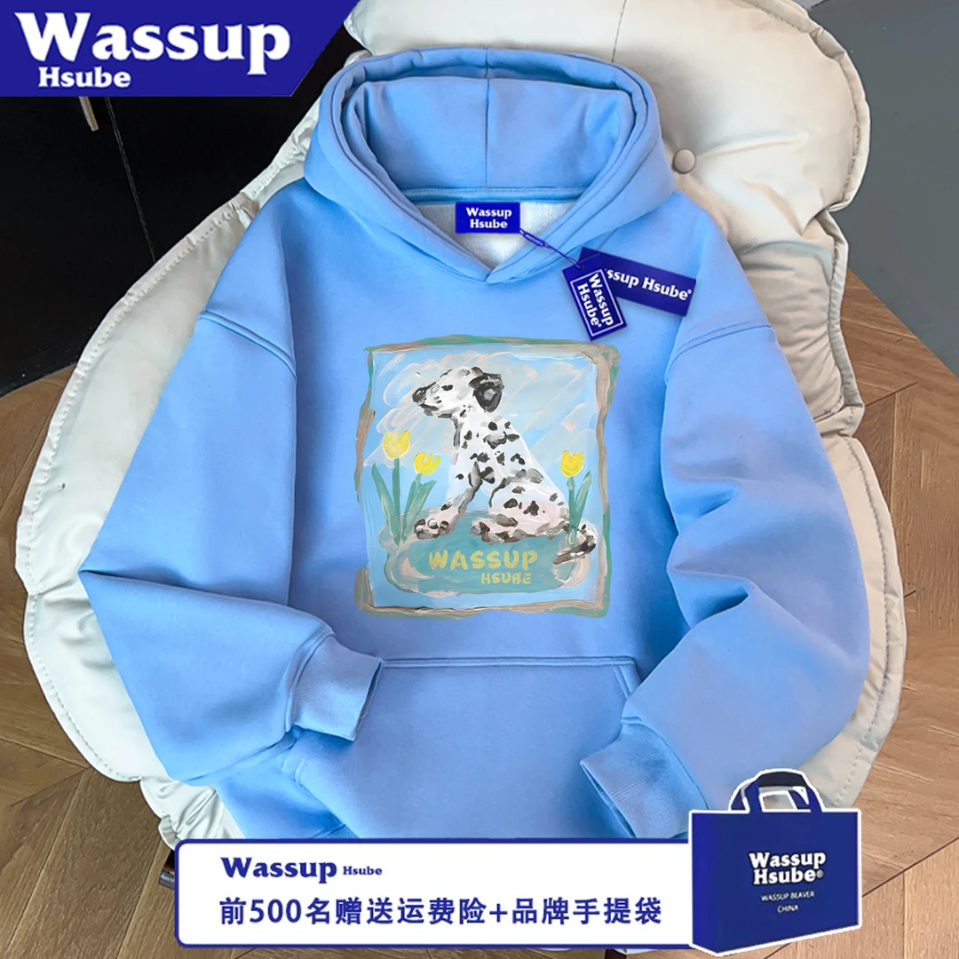 WASSUP HSUBE潮流宽松秋冬印花休闲长袖油画狗狗百搭卫衣情侣上衣
