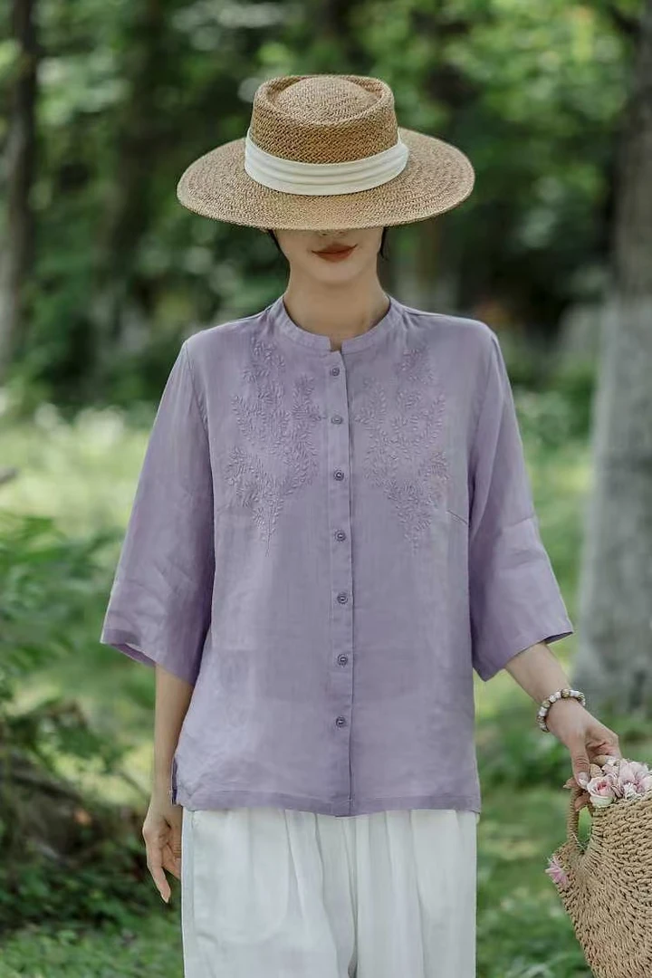 YIWEN纯苎麻立领复古小叶刺绣上衣1173