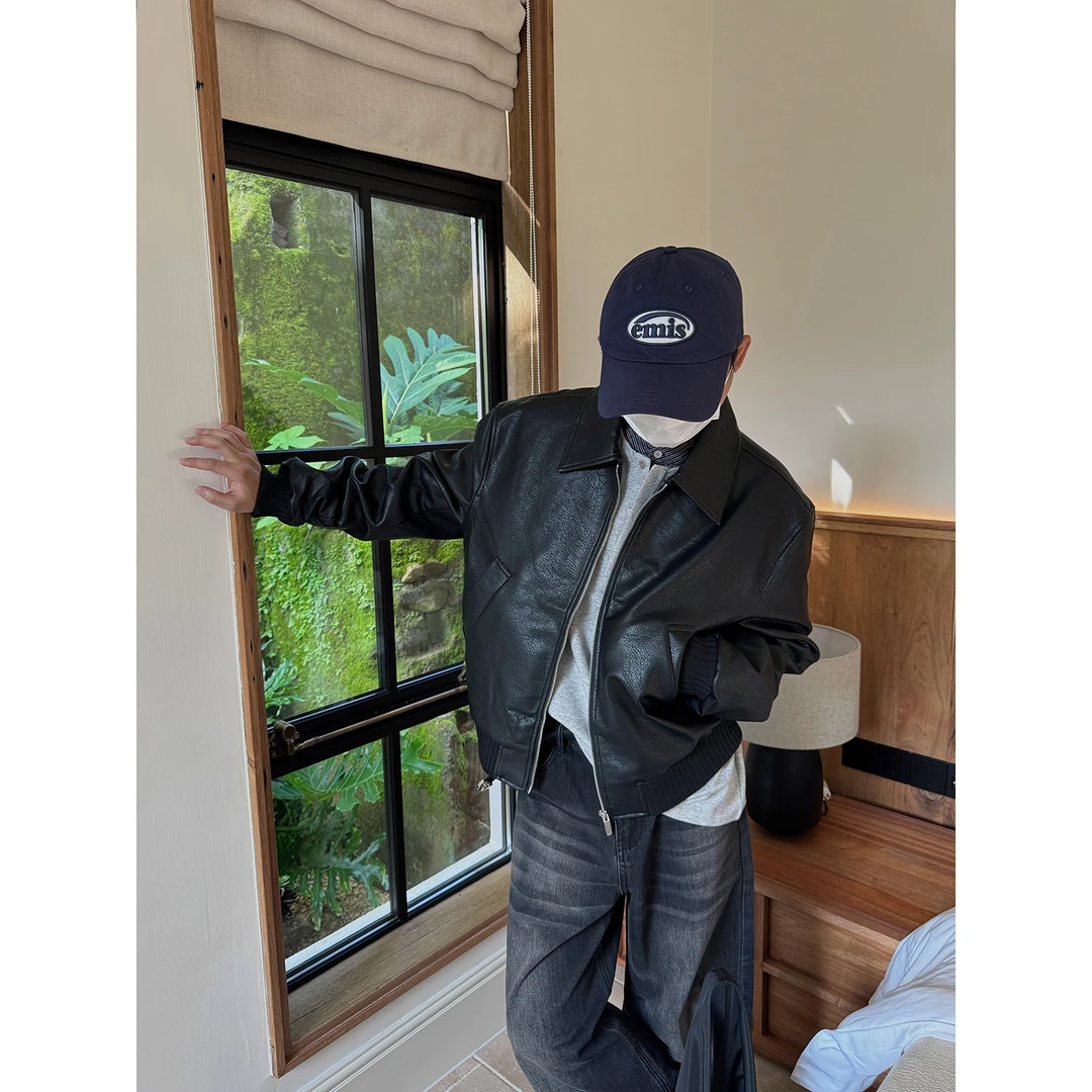 19studio WAYNEPRINCE复古老钱风翻领皮夹克上衣宽松痞帅皮衣外套