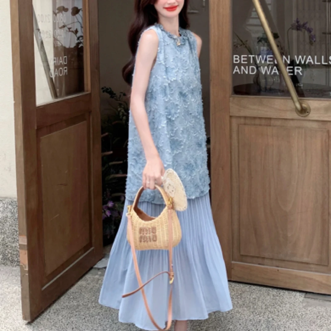 夏季中长款蓝色提花拼接无袖假两件百搭显瘦背心连衣裙女