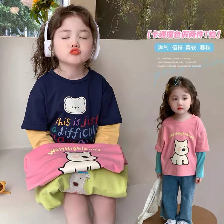 女童春装长袖T恤纯棉2025新款儿童假两家打底衫洋气宝宝春秋上衣t