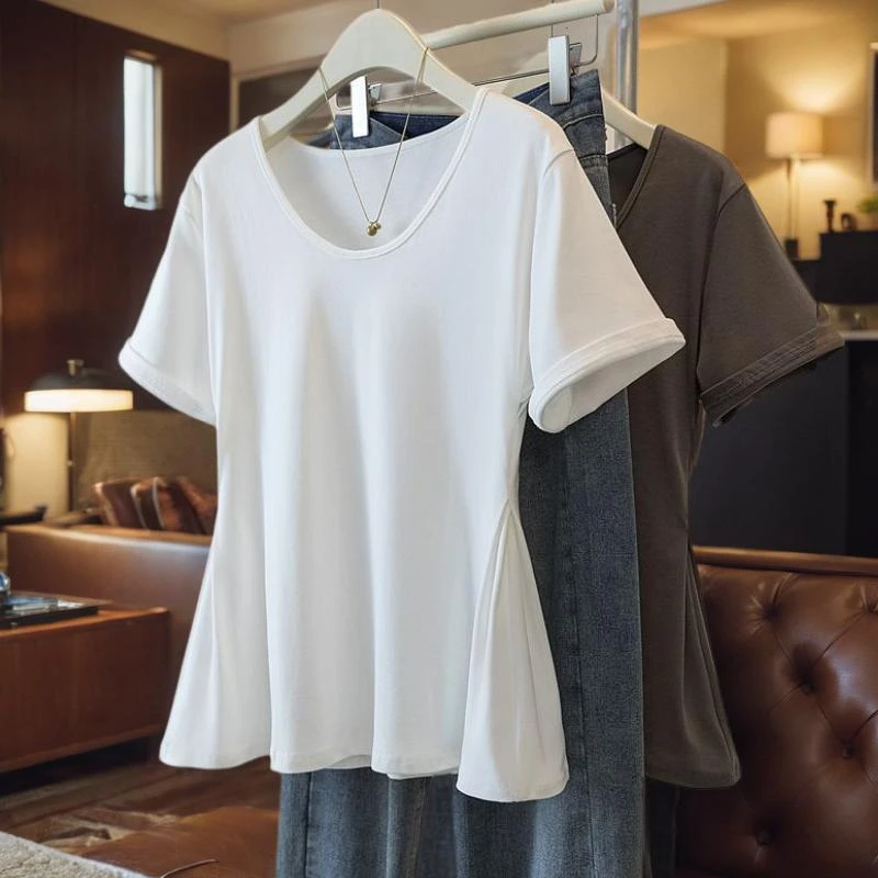 纯色短款不规则U领简约休闲修身短袖T恤女百搭韩版显瘦遮肉打底衫