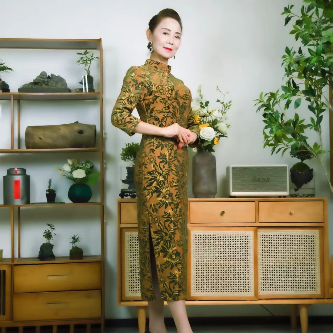 李月英原创新款高端气质旗袍竹叶中长款（大小码可以更换）