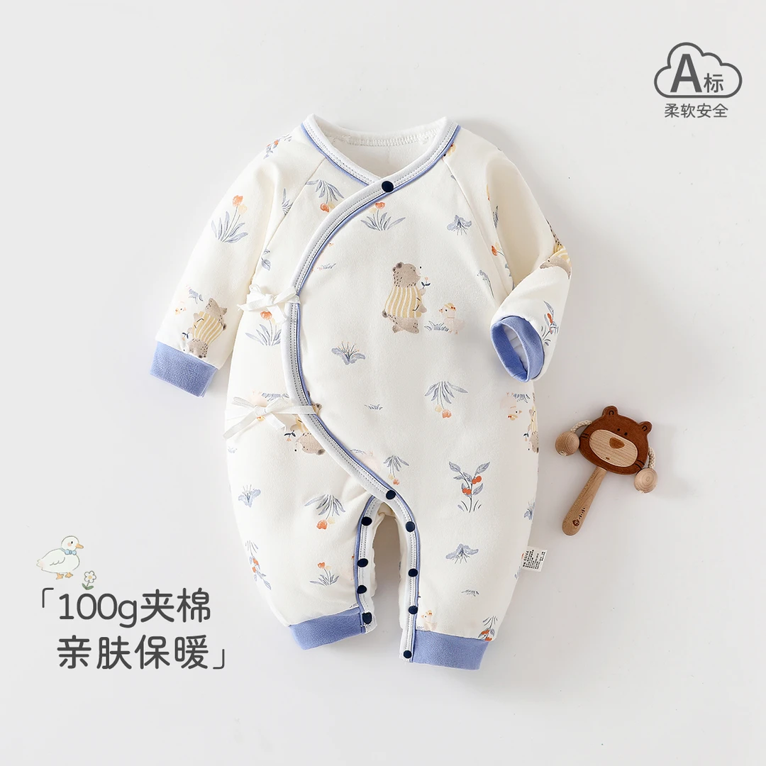 新生婴童秋季童裝纯棉夹棉加厚哈衣爬服出生幼儿宝宝保暖连体衣