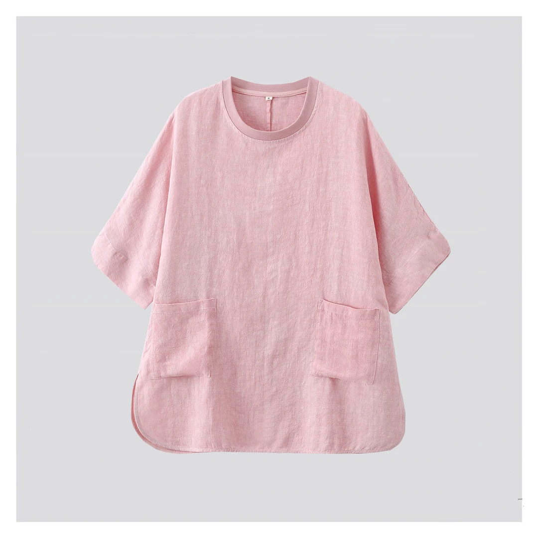 BRCP/布然初品【晨露】夏季汉麻荔枝纹简约半袖中长款宽松清新S2555