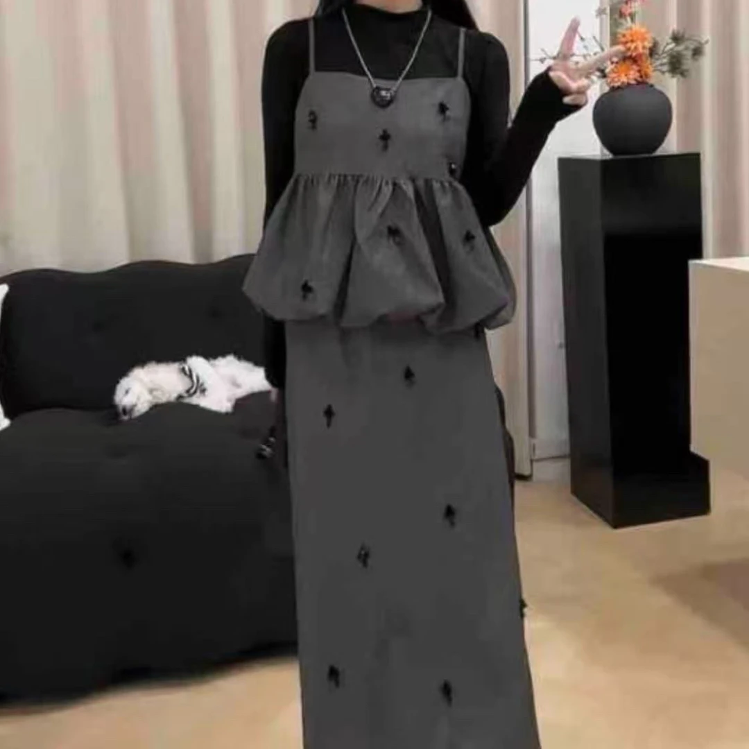 半身裙套装女无袖花苞型吊带上衣高腰A字中长裙两件套9579