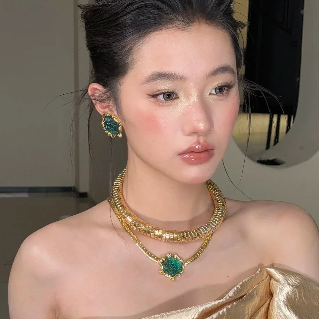 合金树脂项链 D1189中古项链耳环蓝绿色熔岩效果小众配饰毛衣链