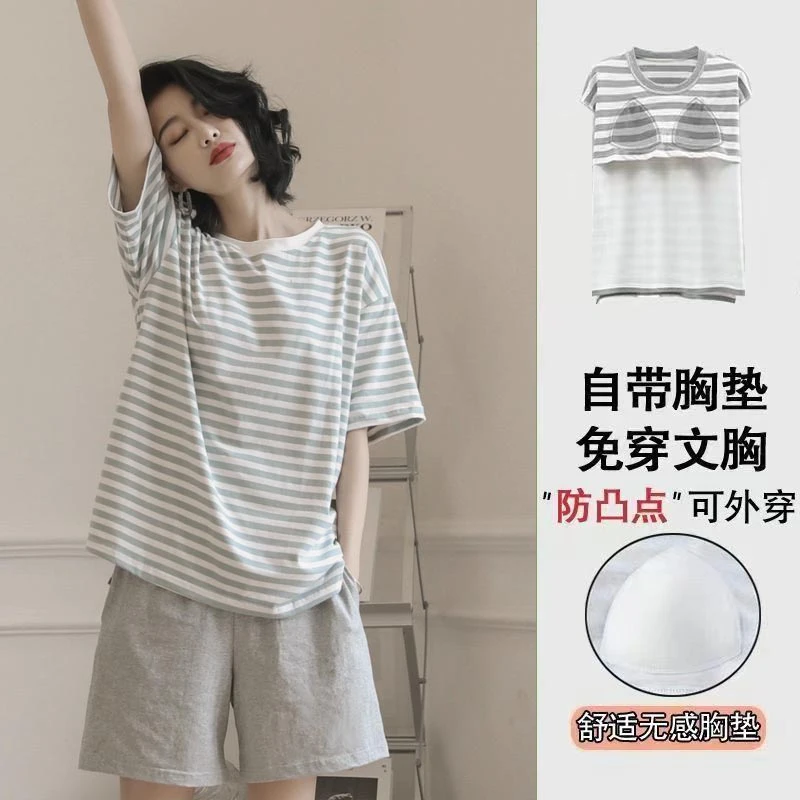睡衣女款纯棉夏季短袖高档爆款带胸垫网红条纹学生家居服居家服女