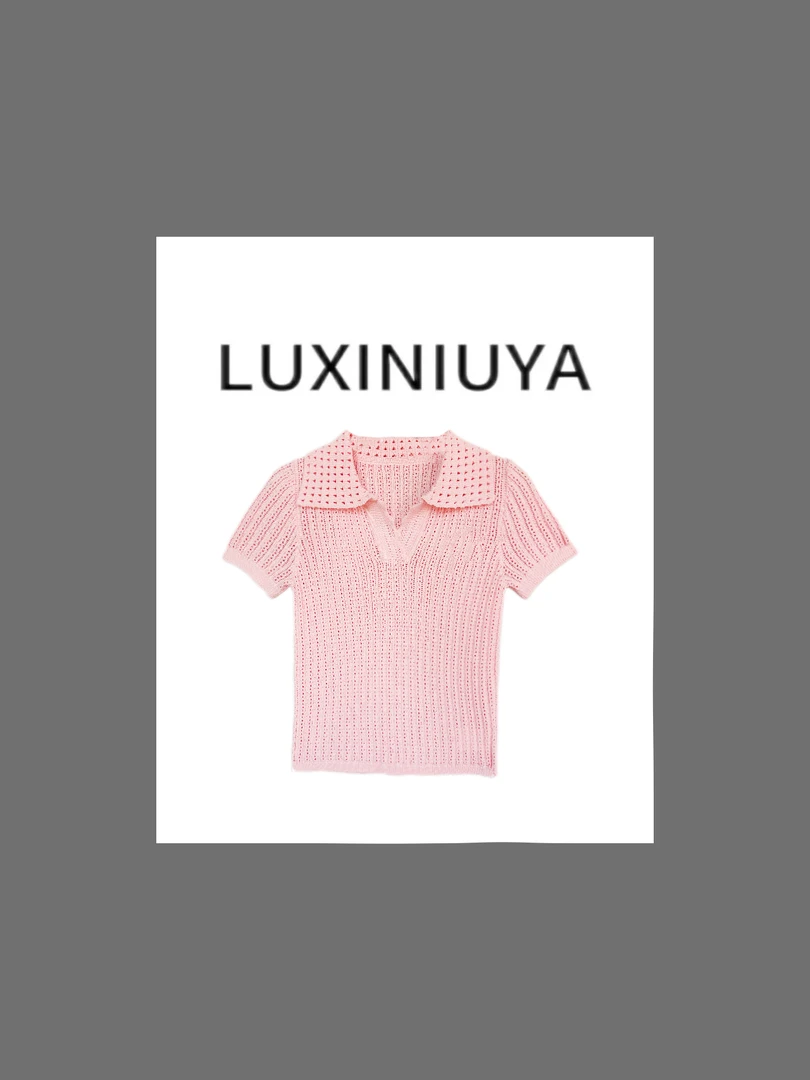 【LUXINIUYA】 漏影衣 夏季翻领针织镂空气质减龄上衣#CX3859
