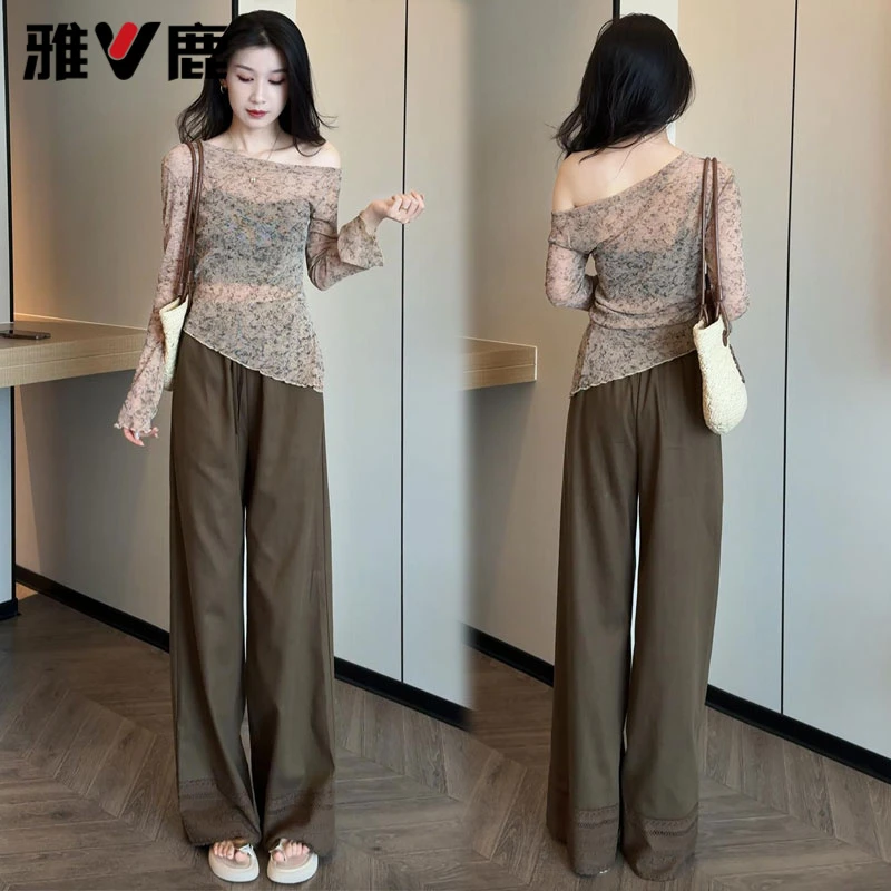 雅鹿时尚套装女2025秋款不规则长袖上衣阔腿裤气质两件套