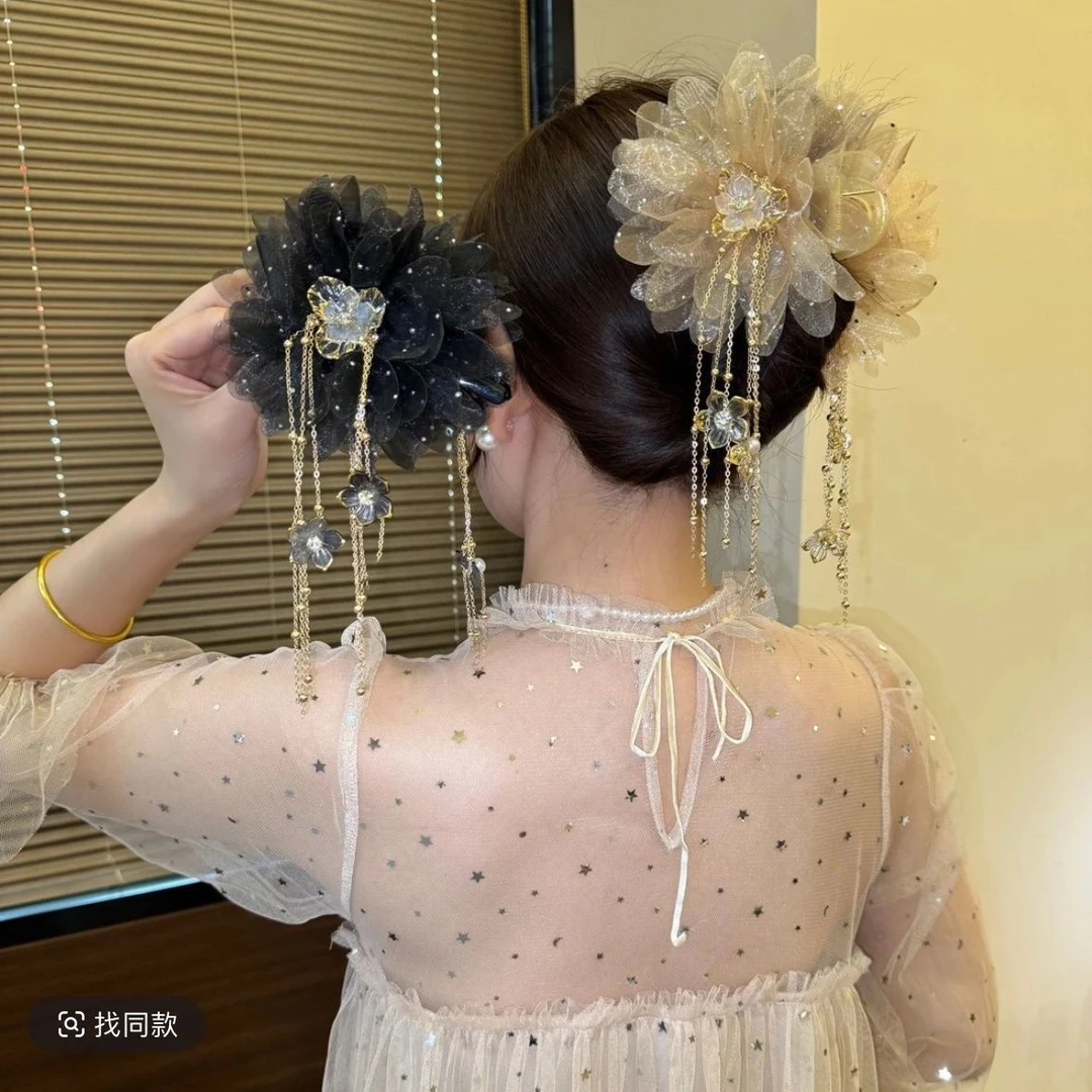 超仙气爆款2025春夏新款“金枝玉叶”流苏抓夹气质百搭显发量鲨鱼夹